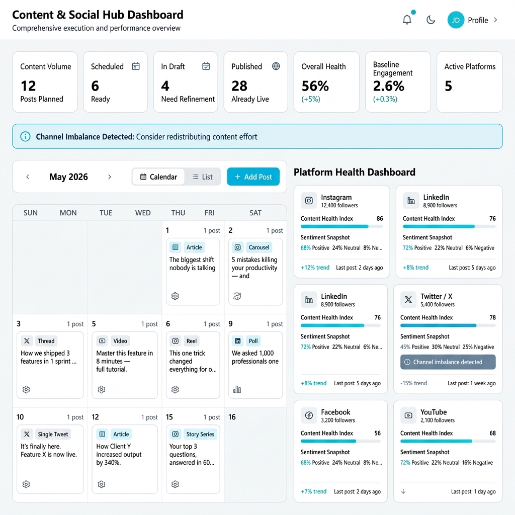 Content calendar grid and social media cross-channel matrix roadmap